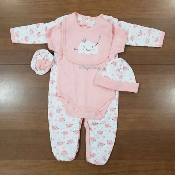 New Duck Duck Goose Girls 5-Piece Bring Home Baby Layette Pink & White Clouds - Picture 1 of 5